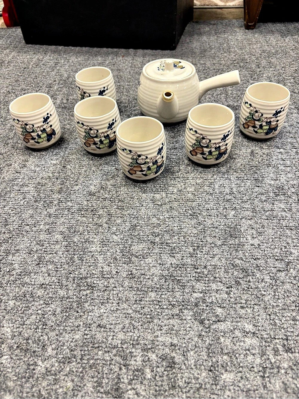Vintage Japanese Ceramic Kyusu Teacup with Sake Cups Karako Kids Playing Motif